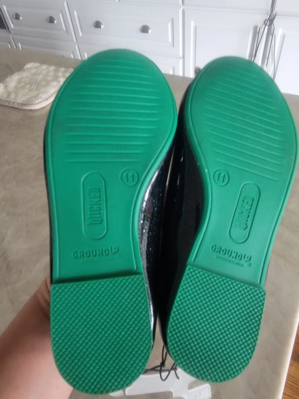 Kids Black Ballet Flats with Purple Insole and Green Accent -Wicked Size 3 & 11T